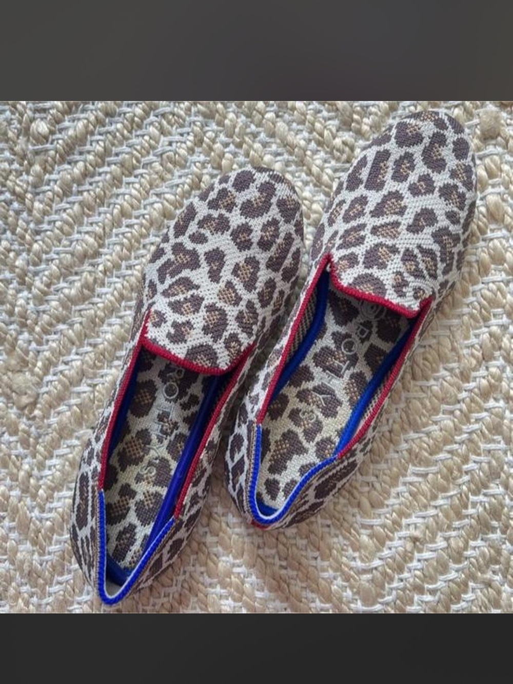 Rothy's Leopard Print Slip-On Flats with Red and Blue Trim
